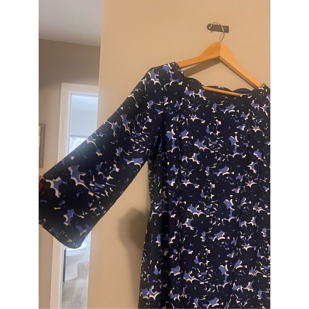 Talbots Women's 10 Scalloped Neck Shift Dress Blue Black Floral 3/4 Bow Sleeves - Picture 7 of 11